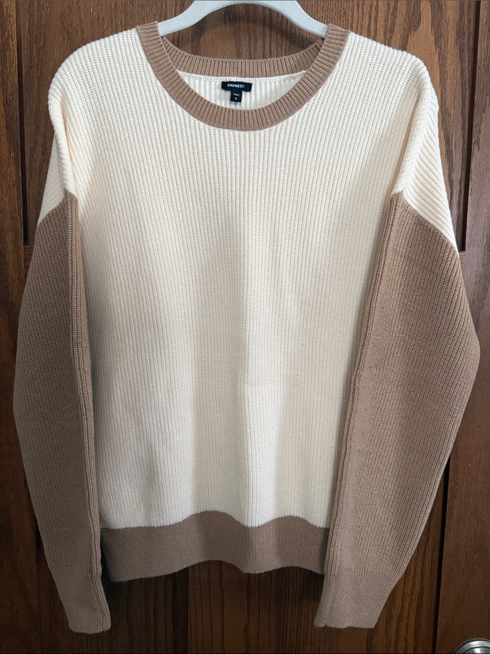 Express Cream and Tan Colorblock Crewneck Sweater
